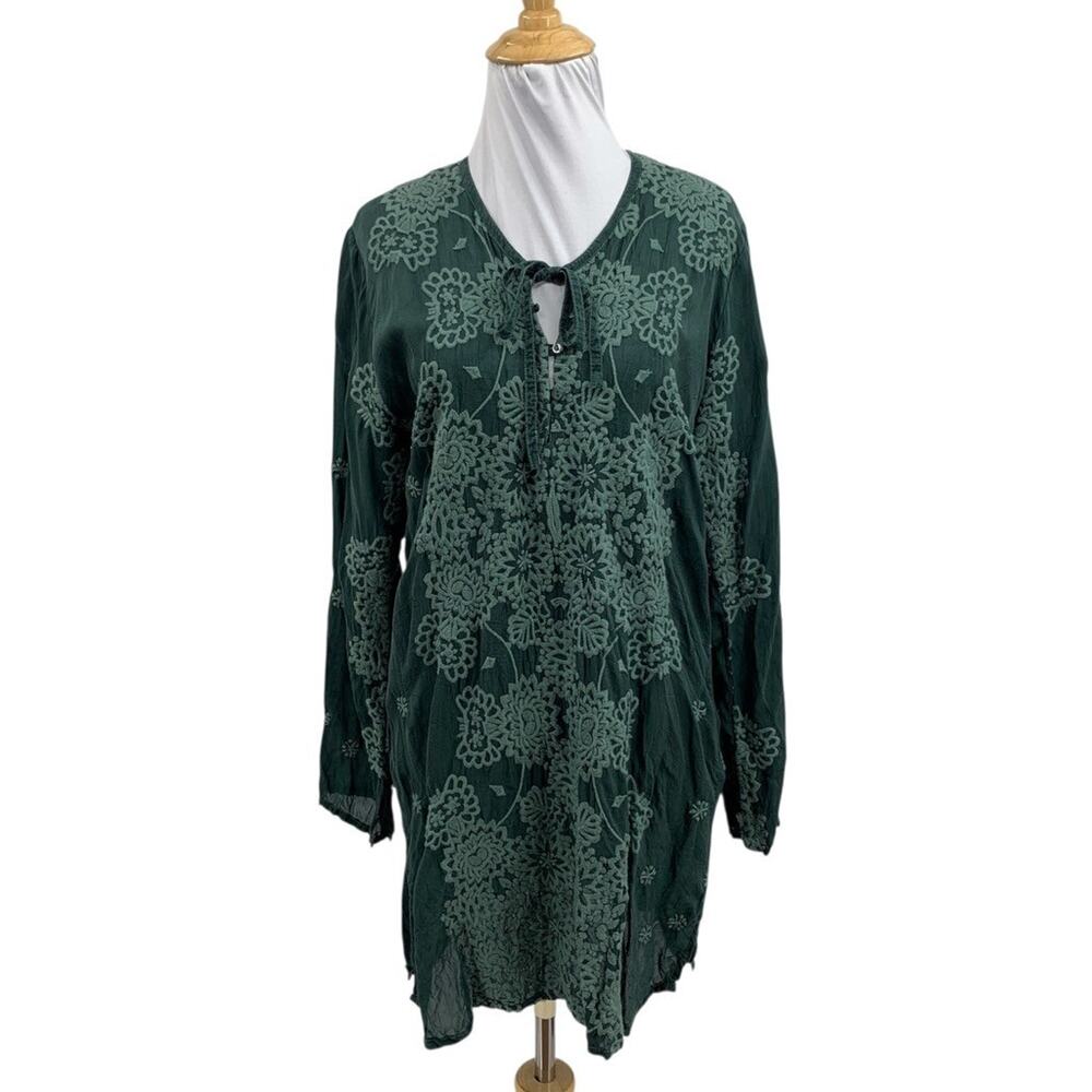 Johnny Was Blouse Womens S Small Forest Green Embroidered Floral Keyhole Tunic